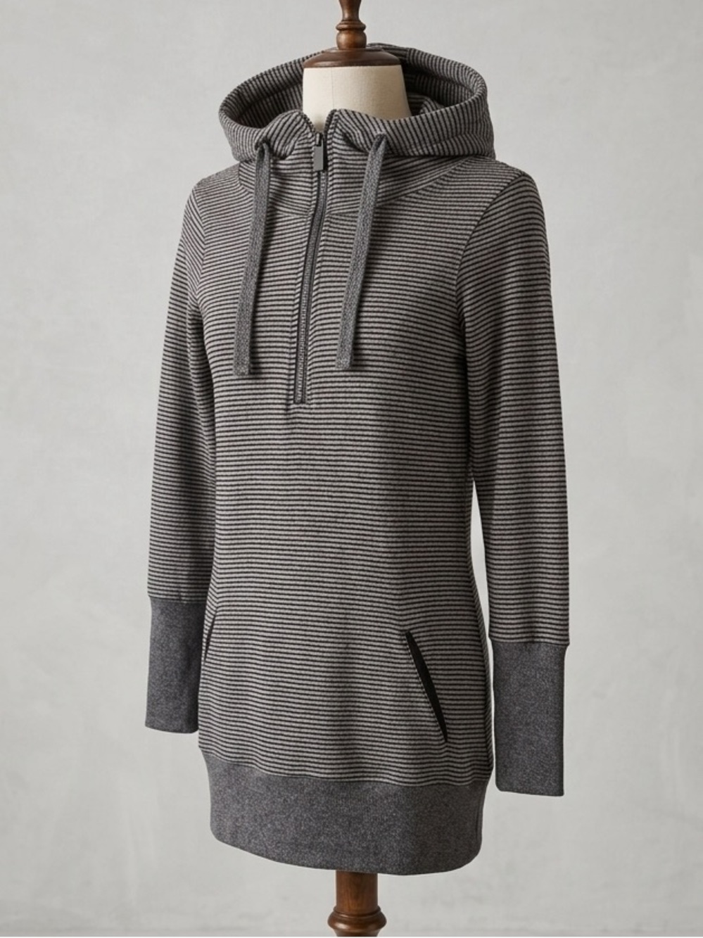 Vintage Y2K Hoodie Striped Sweatshirt Zipper Grey Pullover Tunic 2000s Long S